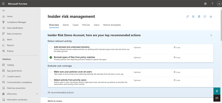 Insider Risk Dashboard Top Actions in the Microsoft Purview Admin Center