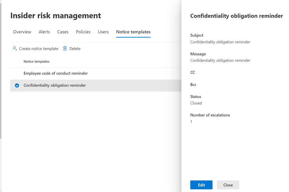 Notice templates in the Insider risk dashboard