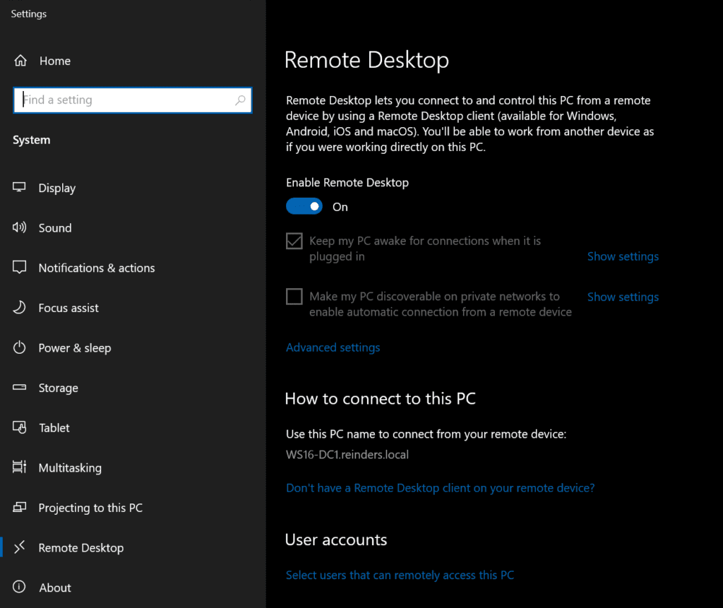 Remote Desktop parameters in the Windows Settings apps