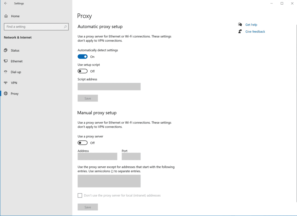 The 'Proxy' section of Windows Settings