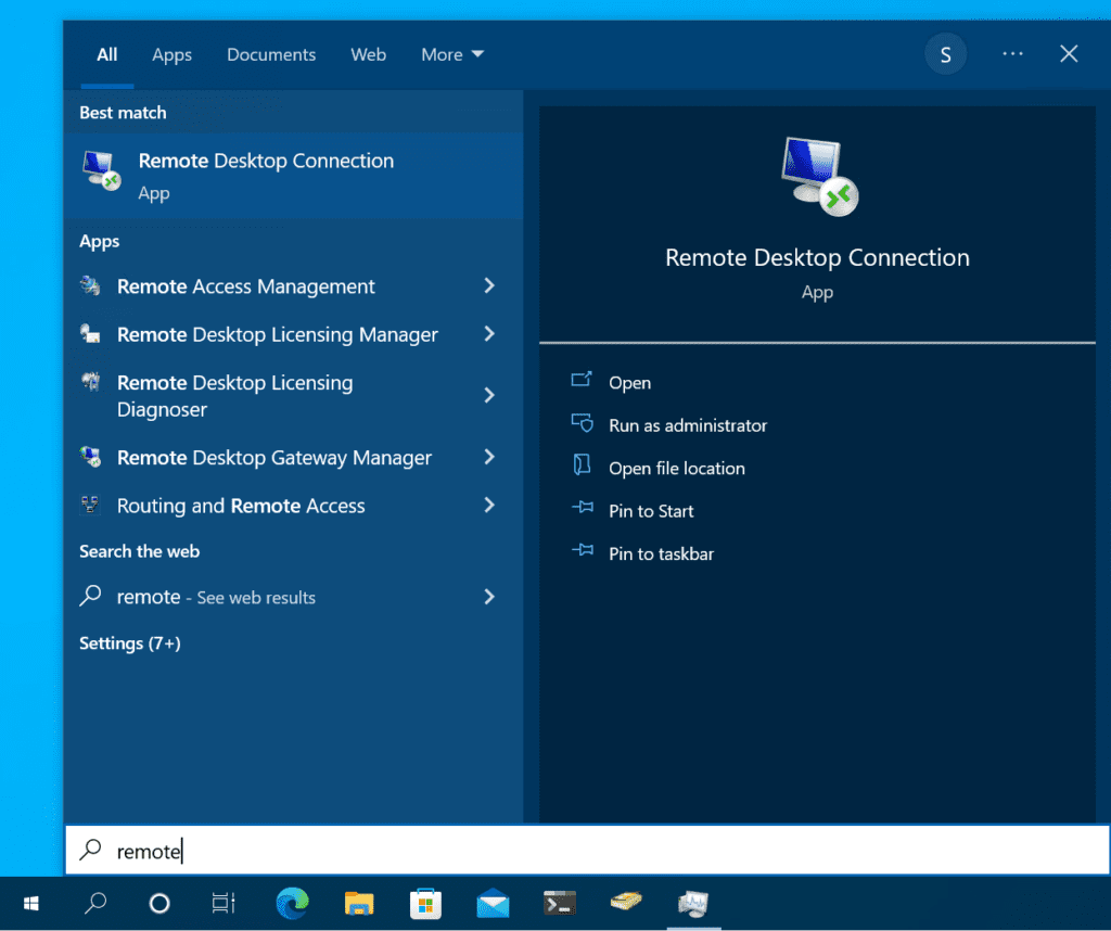 Accessing Remote Desktop Connection from the Start Menu