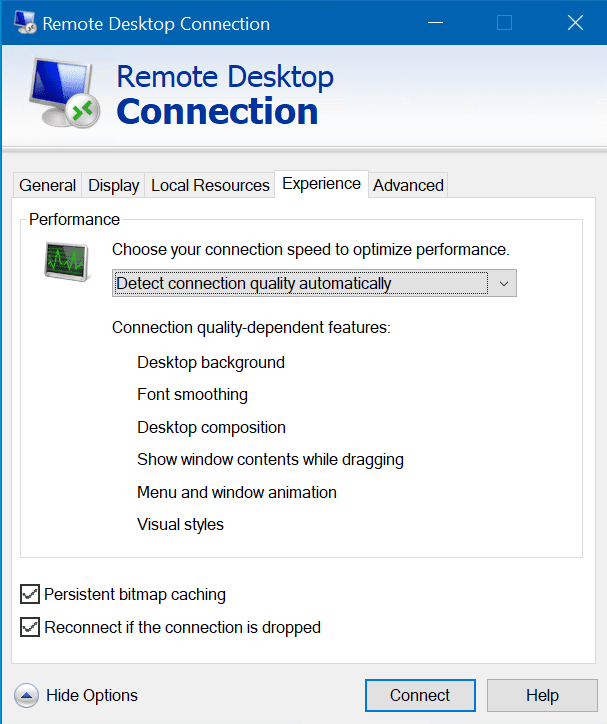 The Remote Desktop Connection application - the 'Experience' tab