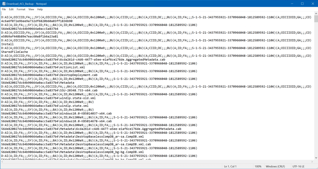 What the backed-up text file looks like with all the ACLs - wowzers!