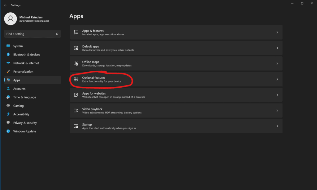 Finding Optional features in the Windows 11 Settings app