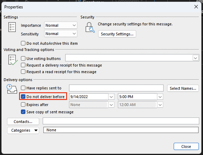 You need to check the "Do not deliver before" box in Outlook for Windows