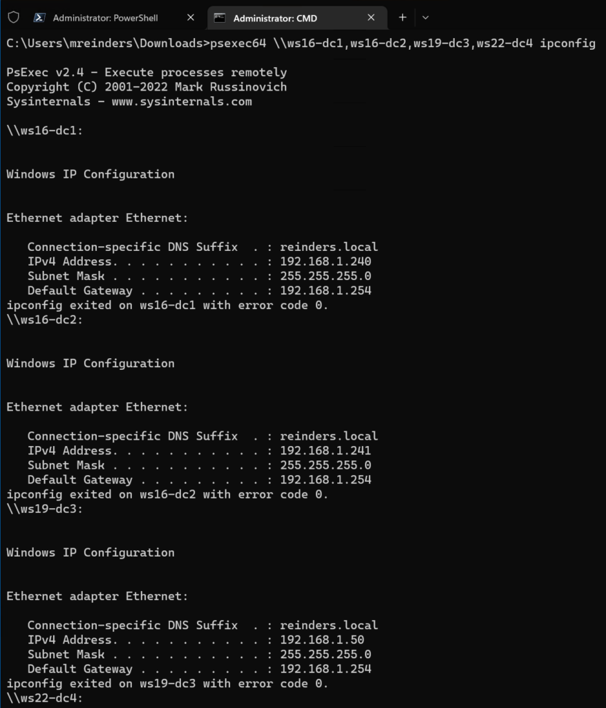 Running 'ipconfig /all' on my four DCs! with PsExec