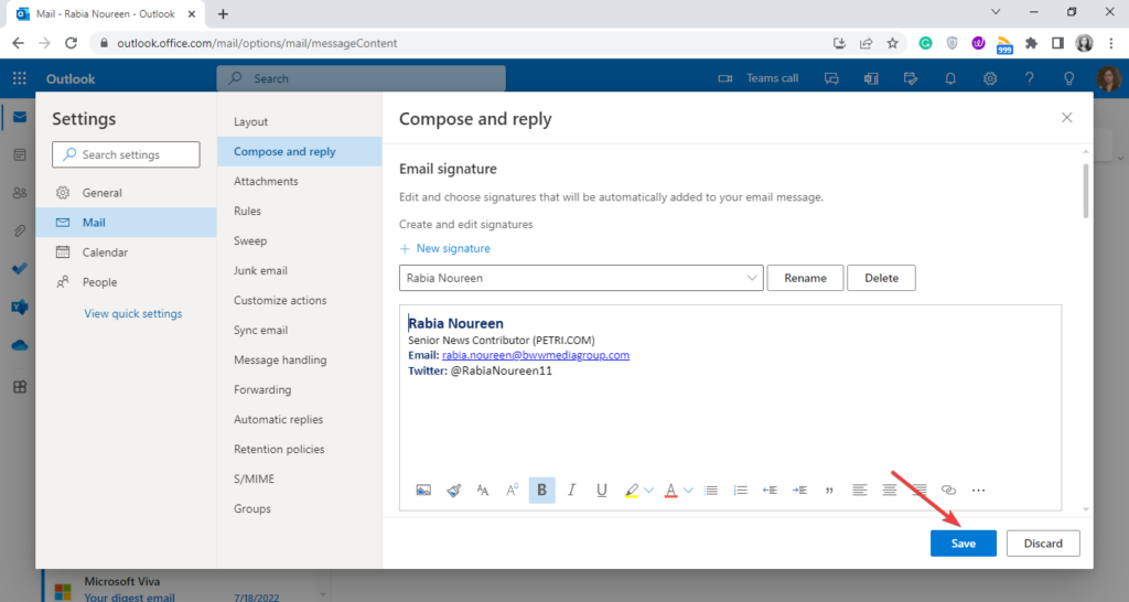 Saving the updated signature on the web