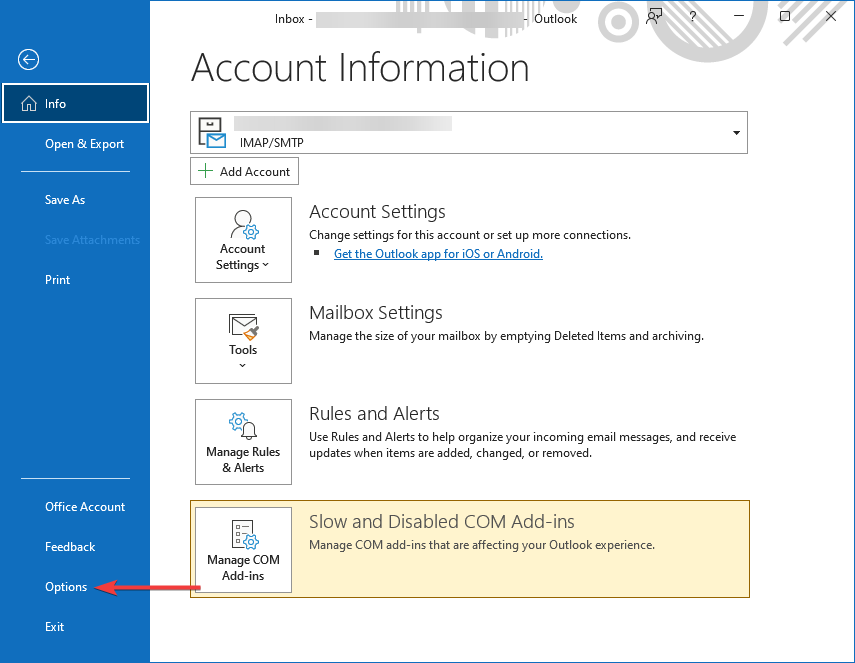 Account options in Outlook for Windows