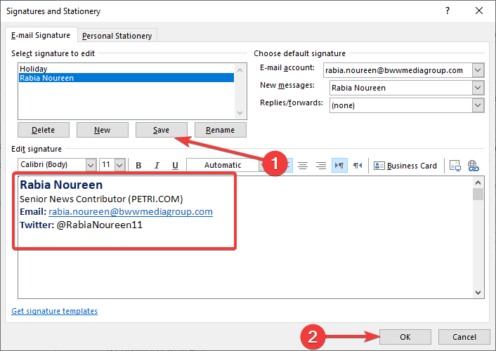 Saving updated signature in the Signatures and Stationery window