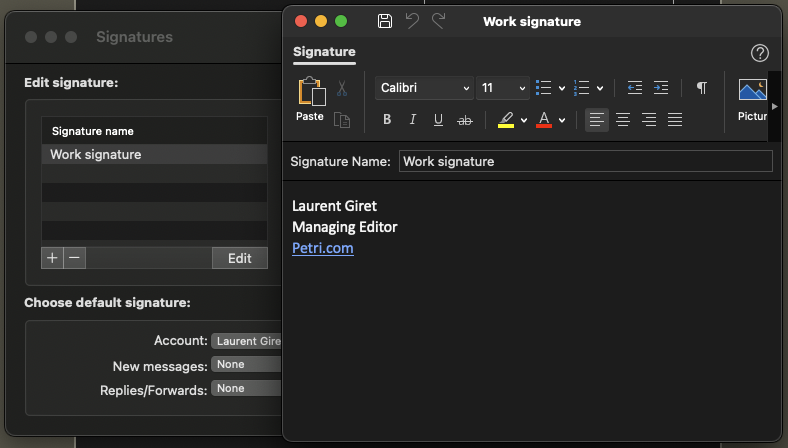 Editing the selected signature in Outlook for Mac