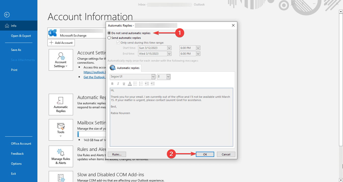 outlook out of office response to every email