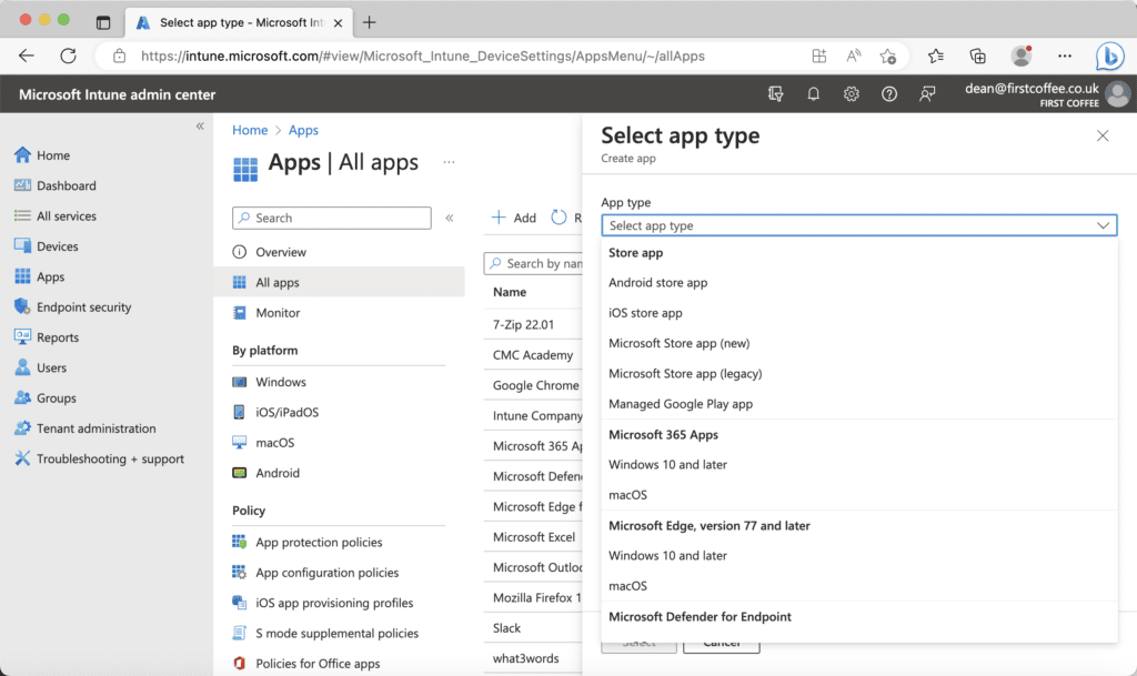From the Intune admin center, head to the Apps menu in the left panel, choose All Apps, and then click on Add.