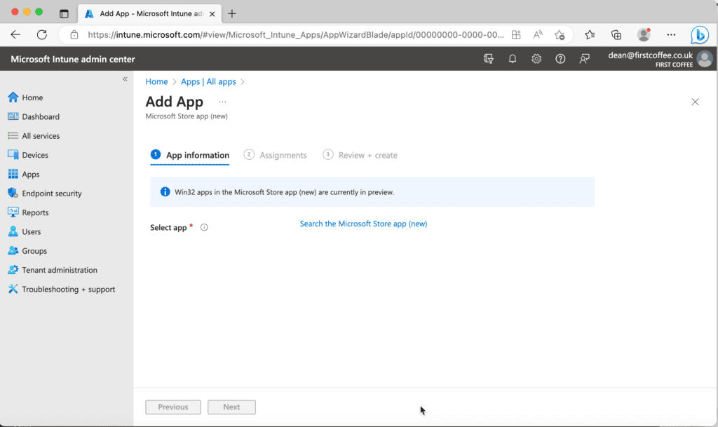 In the Add App section, click on the Search the Microsoft Store app (new) link
